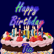 Happy Birthday Tia GIF: A dark blue birthday gif with a beautiful cake with flickering candles, background sparkles and a name to customize.