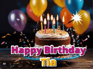 Happy Birthday Tia GIF: A birthday cake with flickering candles gif with text reading Happy Birthday and a Name slot to customize