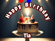 Happy Birthday Tia GIF: Animated happy birthday gif with a cake and flickering candles with colorful falling confetti and text reading Happy Birthday