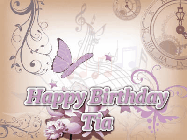 Happy Birthday Tia GIF: Classical birthday gif background with colorful musical notes floating past and a name you can customize, reads Happy Birthday.