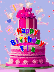 Happy Birthday Tia GIF: A big beautiful birthday cake gif with falling confetti, sparklers, and balloons, reads Happy Birthday Name. Customize it.