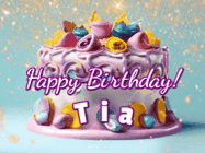 Happy Birthday Tia GIF: A beautiful birthday cake gif with animated sparkles and glitter Happy Birthday Name you can customize