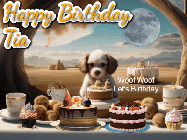 Happy Birthday Tia GIF: Animated birthday gif with a dog at a fancy birthday table loaded with cakes as hearts appear. It reads Happy Birthday Customize.