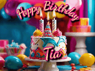 Happy Birthday Tia GIF: Animated birthday gif with a beautiful colorful birthday can and sparkles in the air. It reads Happy Birthday Customize.