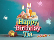 Happy Birthday Tia GIF: A colorful animated Happy Birthday Cake GIF with swirling sparkles and flickering candles. It reads Happy Birthday Name