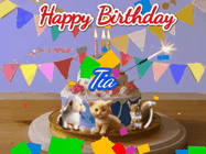 Happy Birthday Tia GIF: Happy Birthday Cake GIF with a cat, lamb, and squirrel on the cake with flickering candles, a sparkler, and falling confetti. Reads Happy Birthday Name and you can customize the name