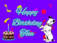 Happy Birthday Tom GIF: Silly happy birthday gif with a cute dog in a corner and rainbow animation confetti. Birthday cake in order with candle.
