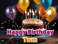Happy Birthday Tom GIF: A birthday cake with flickering candles gif with text reading Happy Birthday and a Name slot to customize