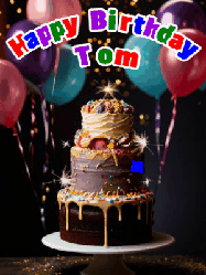 Happy Birthday Tom GIF: Beautiful birthday cake animated gif, a celebration of balloons, confetti, and sparklers. Customize banner and name.