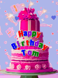 Happy Birthday Tom GIF: A big beautiful birthday cake gif with falling confetti, sparklers, and balloons, reads Happy Birthday Name. Customize it.