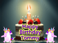 Happy Birthday Tommy GIF: An animated gif with 2 unicorns and a birthday candle on a cake.