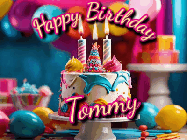 Happy Birthday Tommy GIF: Animated birthday gif with a beautiful colorful birthday can and sparkles in the air. It reads Happy Birthday Customize.