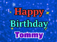 Happy Birthday Tommy GIF: Happy birthday gif with banner and name to customize, red, balloons, sparkles, and party hats.