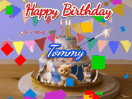 Happy Birthday Tommy GIF: Happy Birthday Cake GIF with a cat, lamb, and squirrel on the cake with flickering candles, a sparkler, and falling confetti. Reads Happy Birthday Name and you can customize the name