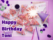 Happy Birthday Toni GIF: A big paper sparkle highlights this animated birthday gif showing a birthday cake place setting with decorations.