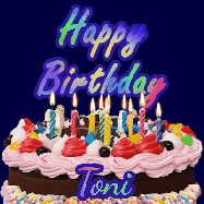 Happy Birthday Toni GIF: A dark blue birthday gif with a beautiful cake with flickering candles, background sparkles and a name to customize.