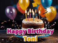 Happy Birthday Toni GIF: A birthday cake with flickering candles gif with text reading Happy Birthday and a Name slot to customize