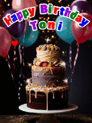 Happy Birthday Toni GIF: Beautiful birthday cake animated gif, a celebration of balloons, confetti, and sparklers. Customize banner and name.