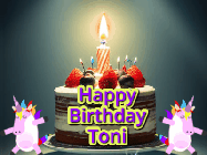 Happy Birthday Toni GIF: An animated gif with 2 unicorns and a birthday candle on a cake.