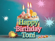 Happy Birthday Toni GIF: A colorful animated Happy Birthday Cake GIF with swirling sparkles and flickering candles. It reads Happy Birthday Name
