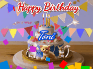 Happy Birthday Toni GIF: Happy Birthday Cake GIF with a cat, lamb, and squirrel on the cake with flickering candles, a sparkler, and falling confetti. Reads Happy Birthday Name and you can customize the name
