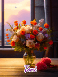 Happy Birthday Toni GIF: A vase of flowers and animated hearts pop in and out as the words Happy Birthday Name appears that you can customize