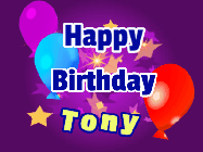 Happy Birthday Tony GIF: A lovely purple birthday gif animated with moving text, a balloon, and bubbles. Customize it.