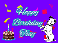Happy Birthday Tony GIF: Silly happy birthday gif with a cute dog in a corner and rainbow animation confetti. Birthday cake in order with candle.