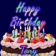 Happy Birthday Tony GIF: A dark blue birthday gif with a beautiful cake with flickering candles, background sparkles and a name to customize.