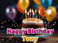 Happy Birthday Tony GIF: A birthday cake with flickering candles gif with text reading Happy Birthday and a Name slot to customize