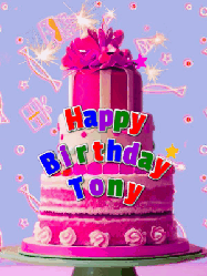 Happy Birthday Tony GIF: A big beautiful birthday cake gif with falling confetti, sparklers, and balloons, reads Happy Birthday Name. Customize it.