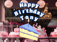 Happy Birthday Tony GIF: A cake shop background with a slice of cake and animated candle reading Happy Birthday Customize.