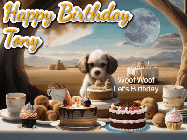 Happy Birthday Tony GIF: Animated birthday gif with a dog at a fancy birthday table loaded with cakes as hearts appear. It reads Happy Birthday Customize.