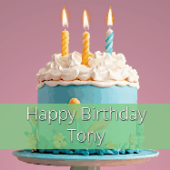 Happy Birthday Tony GIF: Sparkles fly over a birthday cake that has 3 flickering candles, text in a colored band read Happy Birthday Name.