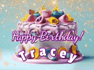 Happy Birthday Tracey GIF: A beautiful birthday cake gif with animated sparkles and glitter Happy Birthday Name you can customize