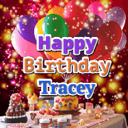 Happy Birthday Tracey GIF: Animated happy birthday gif on a bright red glittery background and 3 lines of text reading Happy Birthday Customize