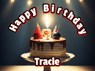 Happy Birthday Tracie GIF: Animated happy birthday gif with a cake and flickering candles with colorful falling confetti and text reading Happy Birthday