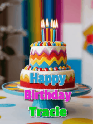 Happy Birthday Tracie GIF: A colourful birthday cake gif with flickering candles a confetti bursting out, reads Happy Birthday Name