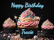 Happy Birthday Tracie GIF: A delicious cupcake gif with animated sparkles reading Happy Birthday with a name to customize