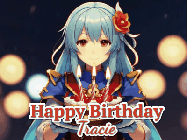 Happy Birthday Tracie GIF: Anime girl holding a birthday cake and an animated sword falls into it. Text reads Happy Birthday Customize