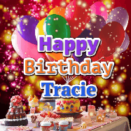 Happy Birthday Tracie GIF: Animated happy birthday gif on a bright red glittery background and 3 lines of text reading Happy Birthday Customize