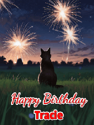 Happy Birthday Tracie GIF: An animated gif at night showing the backside of a sitting cat who watches sparkle and fireworks over a meadow. Customize name and happy birthday.