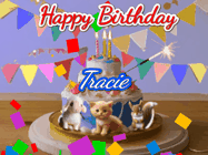 Happy Birthday Tracie GIF: Happy Birthday Cake GIF with a cat, lamb, and squirrel on the cake with flickering candles, a sparkler, and falling confetti. Reads Happy Birthday Name and you can customize the name