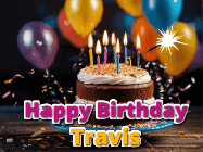 Happy Birthday Travis GIF: A birthday cake with flickering candles gif with text reading Happy Birthday and a Name slot to customize