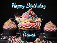 Happy Birthday Travis GIF: A delicious cupcake gif with animated sparkles reading Happy Birthday with a name to customize