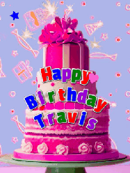 Happy Birthday Travis GIF: A big beautiful birthday cake gif with falling confetti, sparklers, and balloons, reads Happy Birthday Name. Customize it.