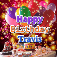 Happy Birthday Travis GIF: Animated happy birthday gif on a bright red glittery background and 3 lines of text reading Happy Birthday Customize
