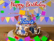 Happy Birthday Travis GIF: Happy Birthday Cake GIF with a cat, lamb, and squirrel on the cake with flickering candles, a sparkler, and falling confetti. Reads Happy Birthday Name and you can customize the name