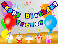 Happy Birthday Trevor GIF: Animated happy birthday gif with a party balloon background, a row of cupcakes, and birthday banner to customize.