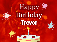 Happy Birthday Trevor GIF: A bright red happy birthday gif animated with a cake candle, and glitter and sparkles. Customize with name.